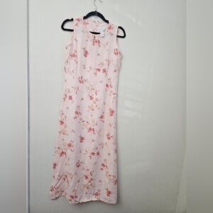 Vintage Cottagecore Pink Linen Maxi A-Line Watercolor Floral Sleeveless Dress 4